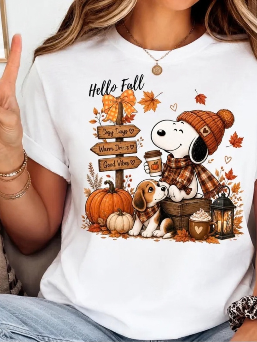Hello Fall Snoop Dog T-Shirt - Vintage Autumn Pumpkins and Dog For Unisex